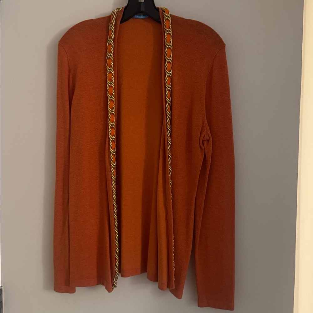 J. McLaughlin Open Front Cardigan Sweater w Metal Chain Trim Orange M